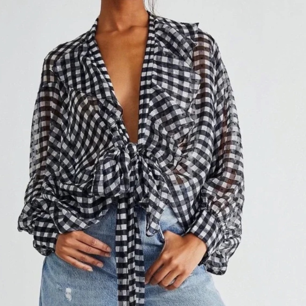 Free People Tie Front Gingham Checkered Ruffled Top
